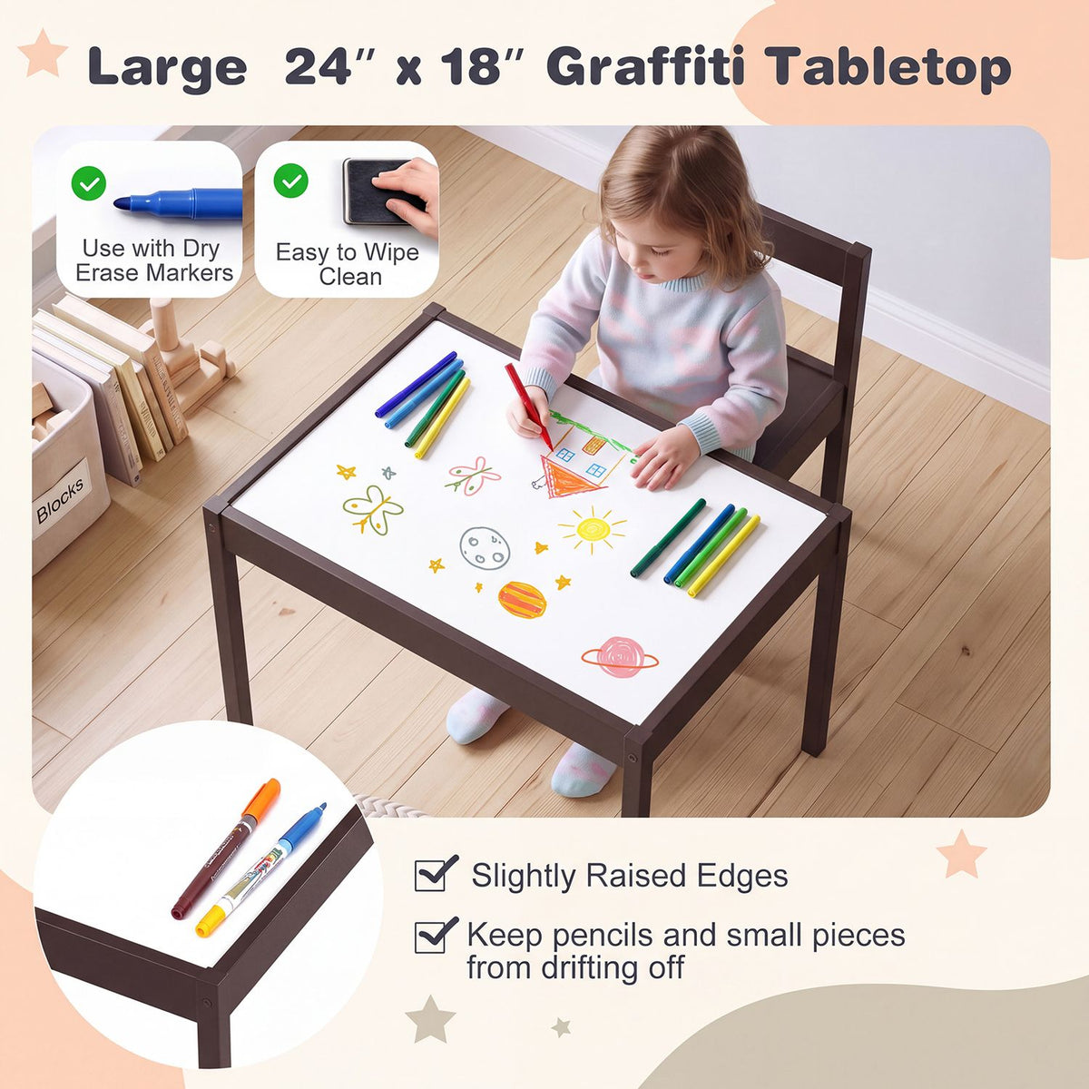 A child draws on the white tabletop, shown with a close-up of its raised dark edge.