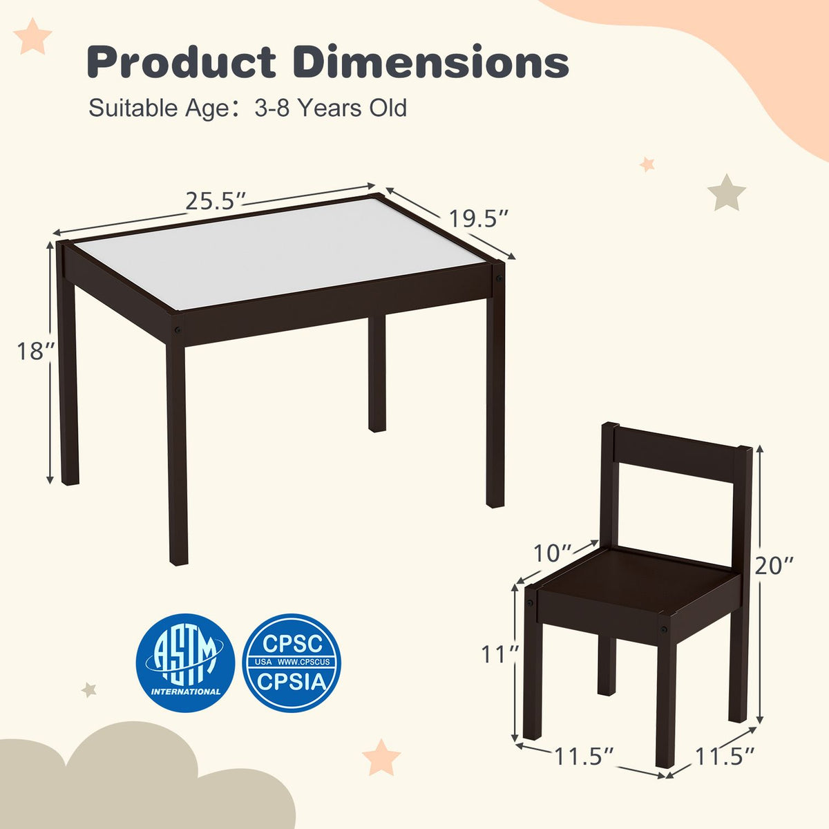 Diagrams of a dark-framed table and matching chair with measurement arrows.