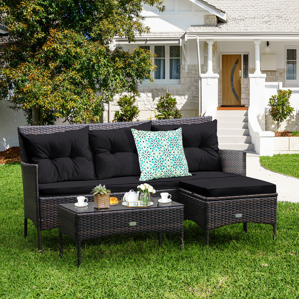 3-Piece Patio Conversation Set with Sofa, Ottoman, Glass-Top Table & 5 Cushions
