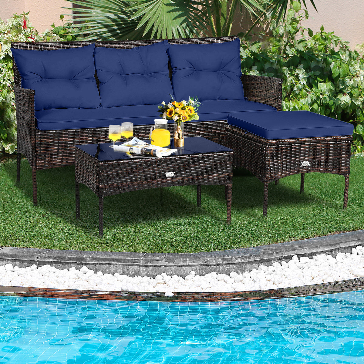 3-Piece Patio Conversation Set with Sofa, Ottoman, Glass-Top Table & 5 Cushions