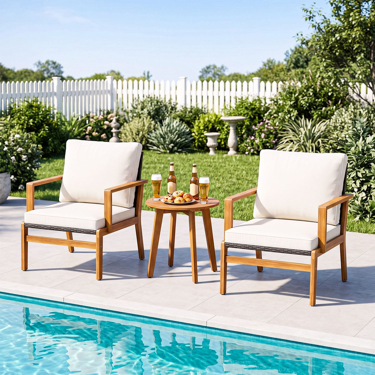 Two cushioned armchairs and a small round table beside a swimming pool in a sunny garden.