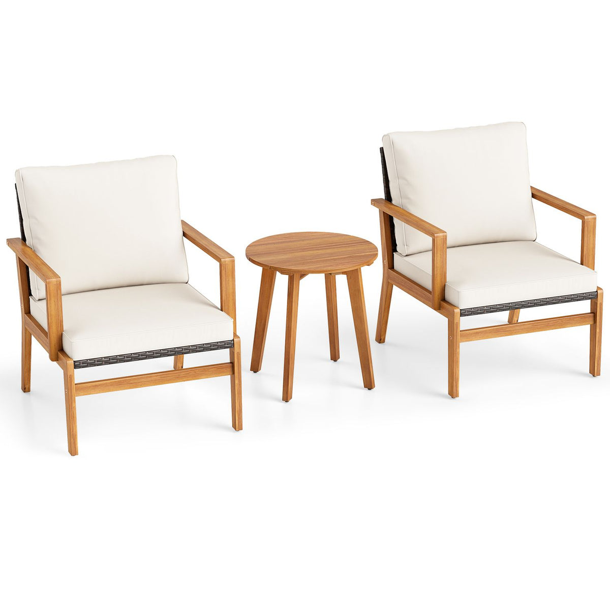 Pair of cushioned armchairs flanking a bare round wooden table against a white background.