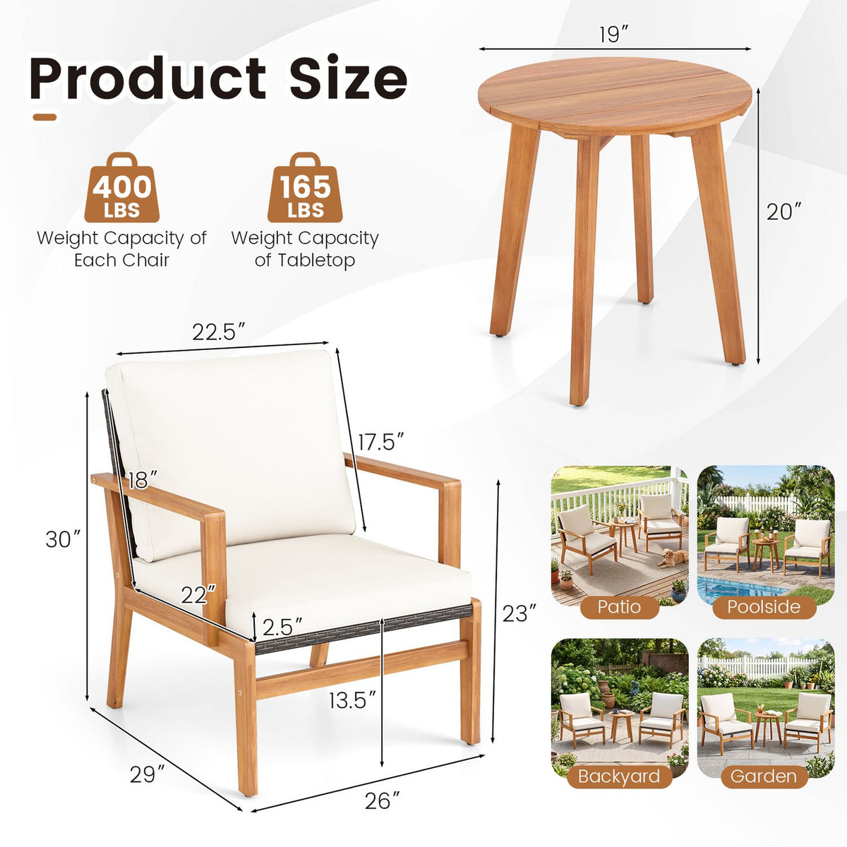 Armchair and round table shown with measurement arrows alongside small patio setting examples.