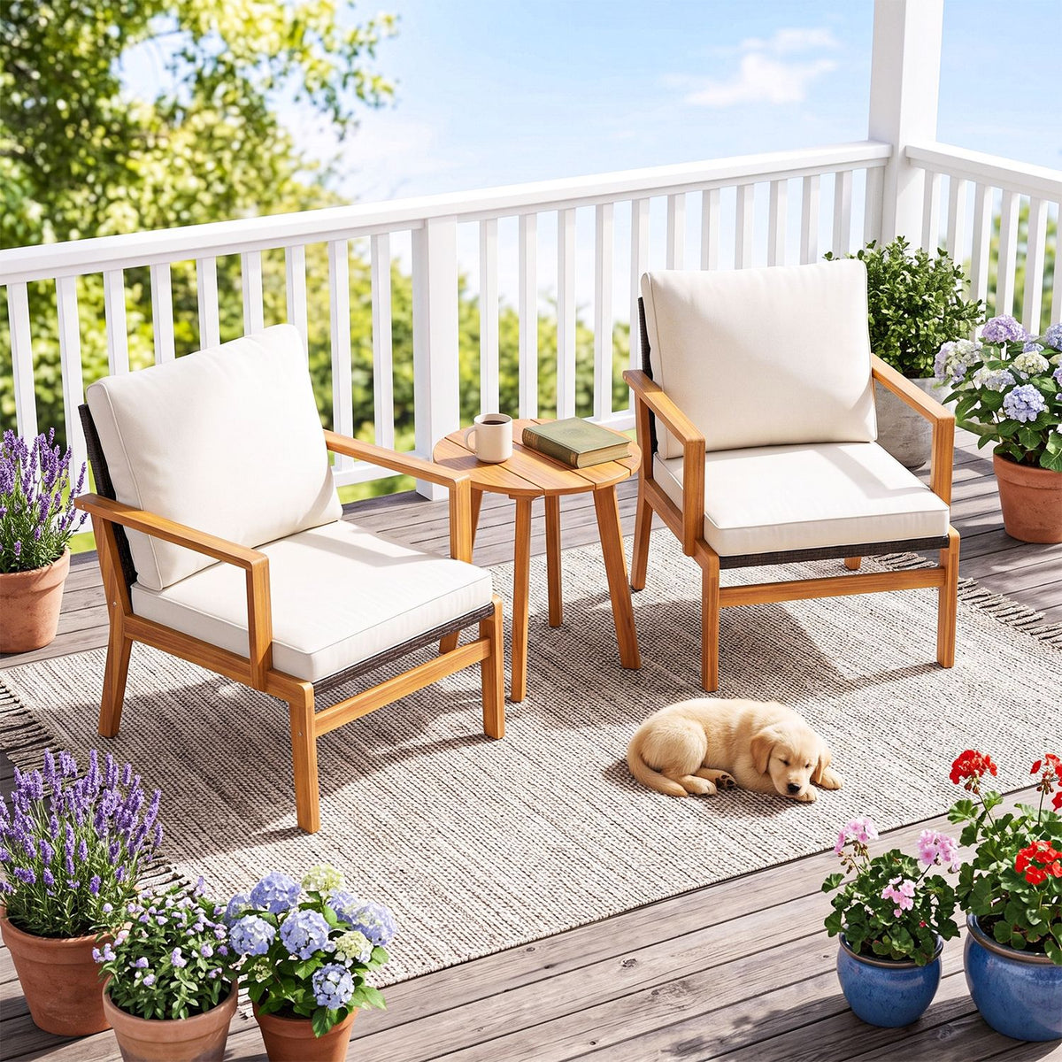 Two wood-framed patio chairs with off-white cushions and a small table on a deck beside a sleeping dog.