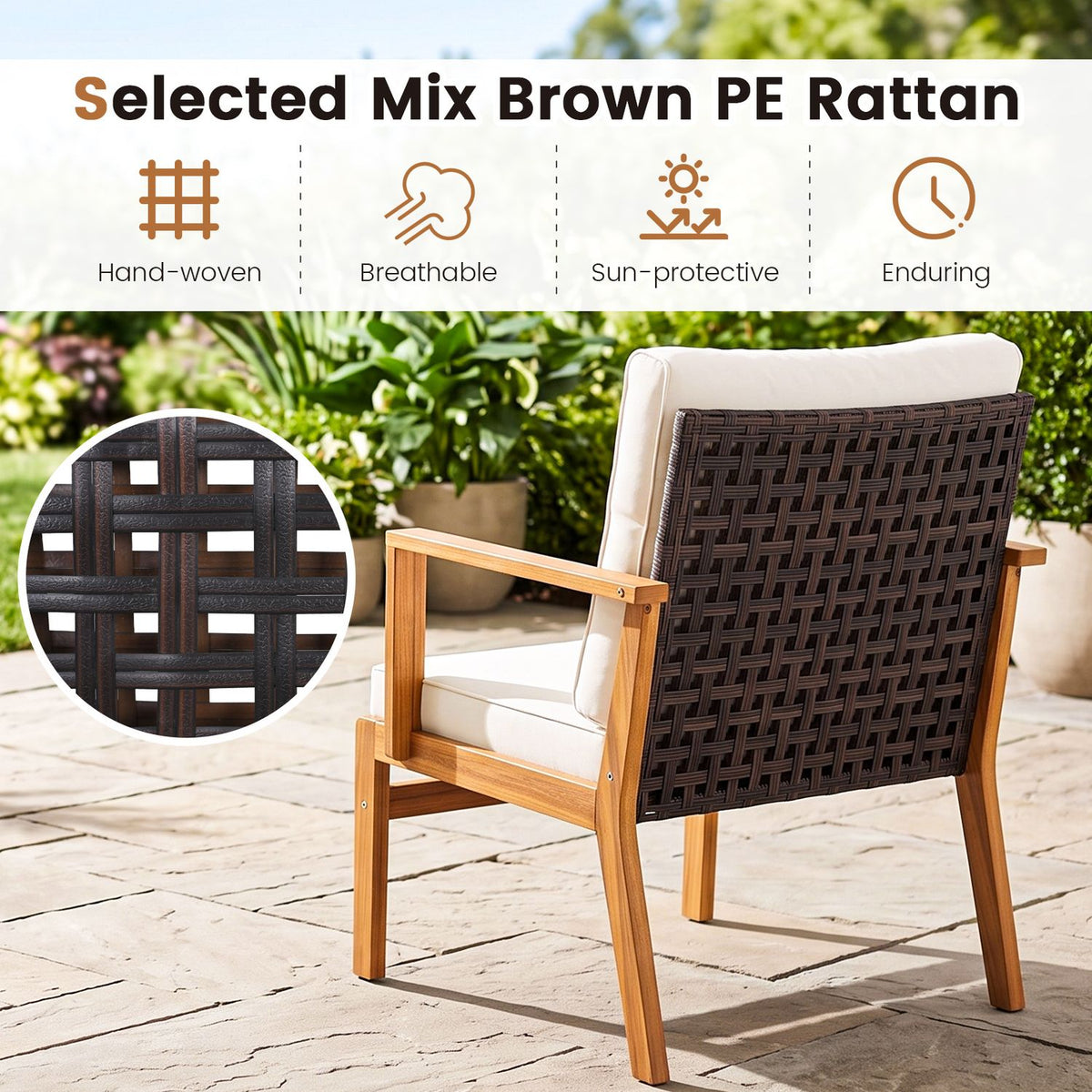 Back of a cushioned wood-framed chair showing dark woven panels, with a circular close-up of the weave.