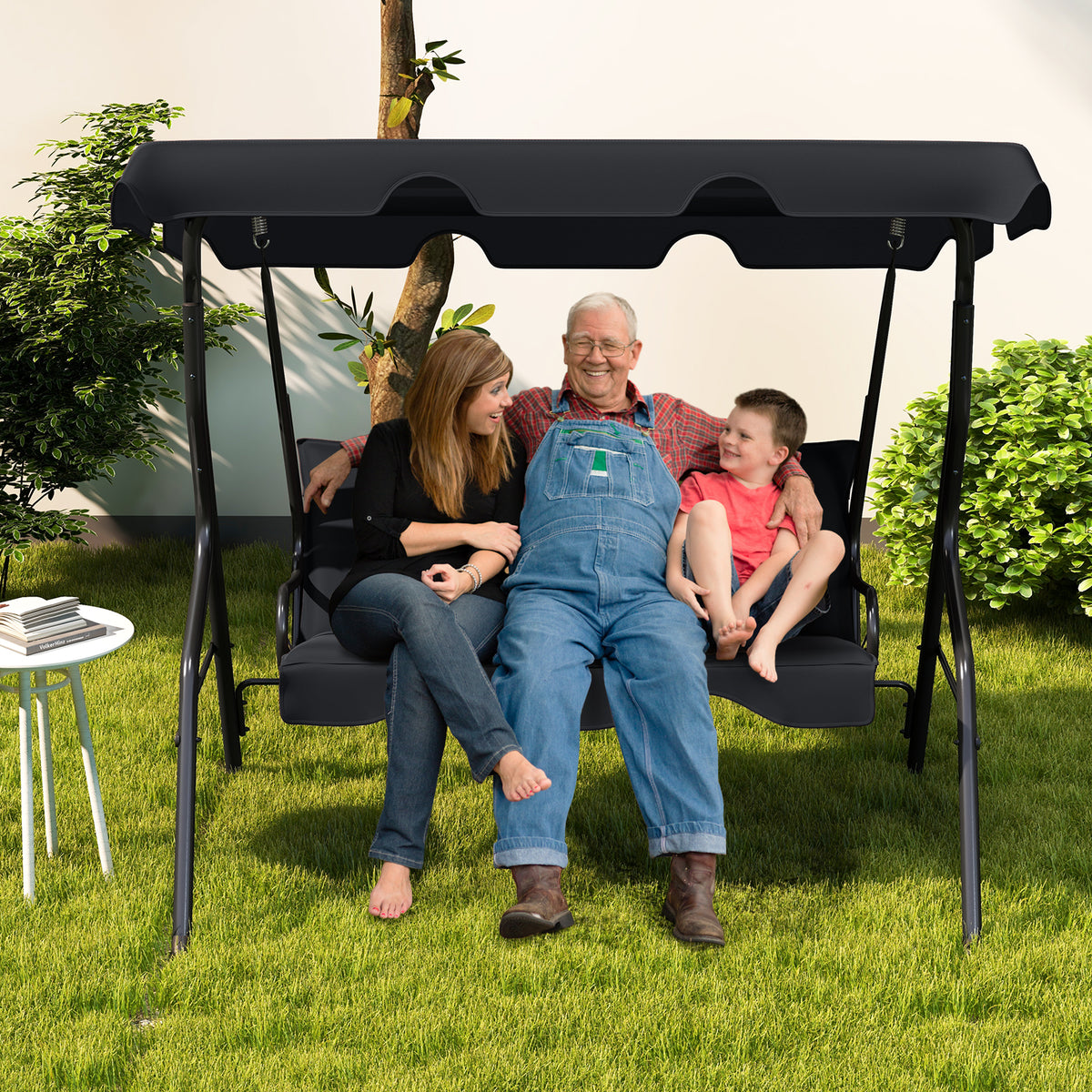 3 Seat Outdoor Patio Canopy Swing with Cushioned Steel Frame