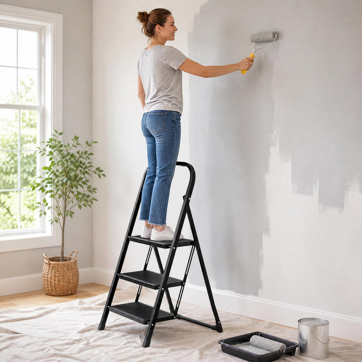 A woman stands on a black folding step ladder while painting a wall beside a window.