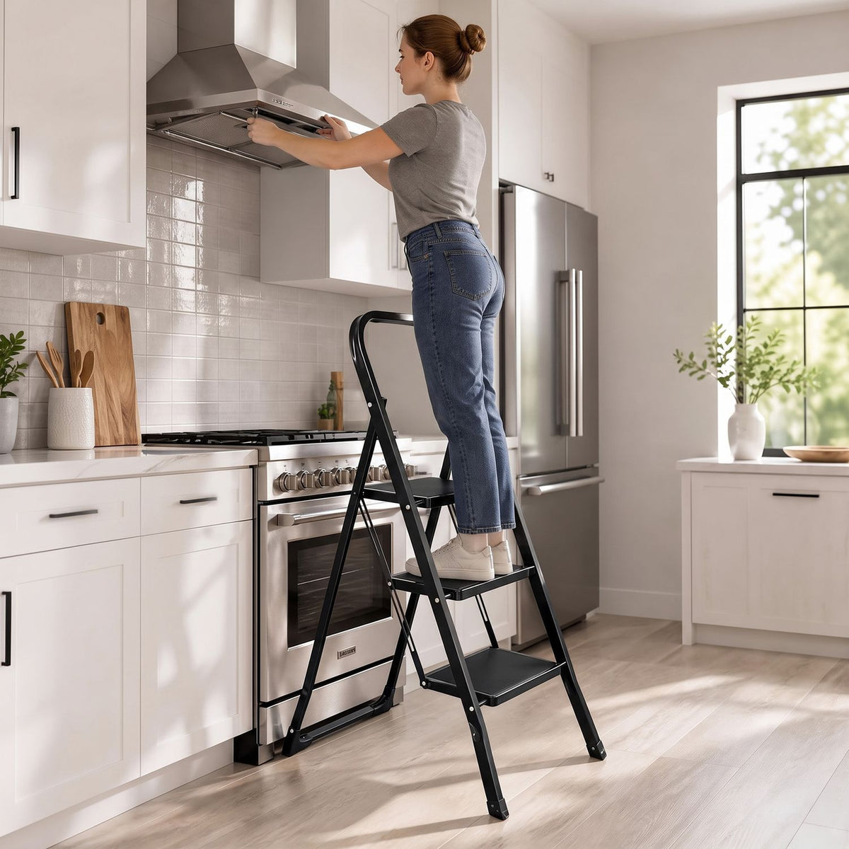 A woman reaches into a kitchen range hood while standing on the black folding ladder.