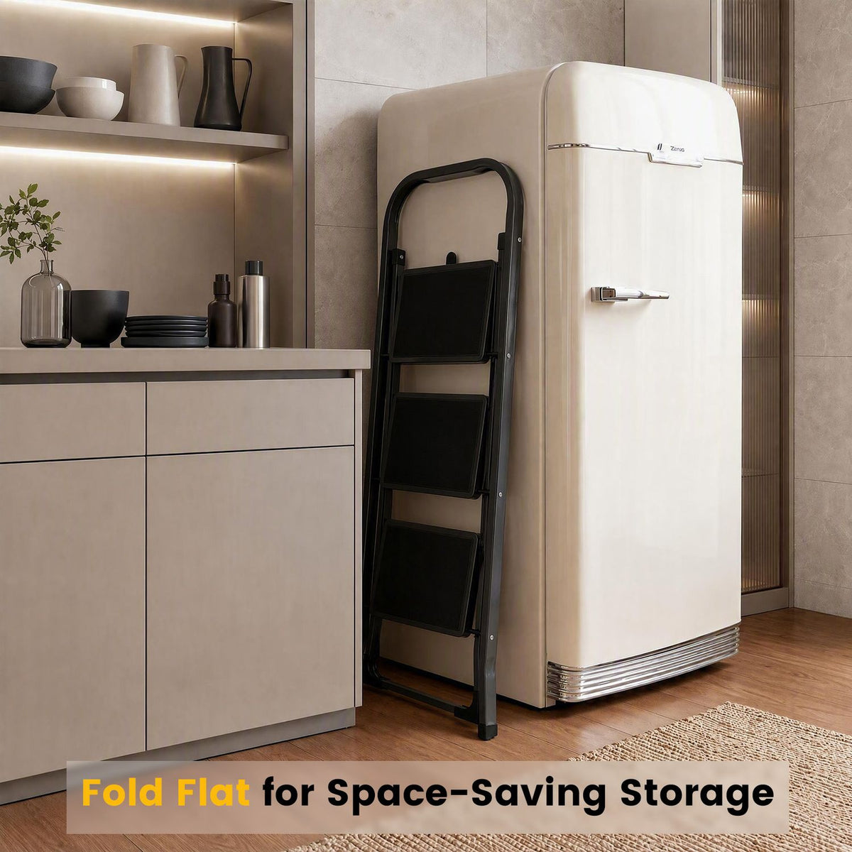 A folded black step ladder is stored upright between a kitchen cabinet and a white refrigerator.