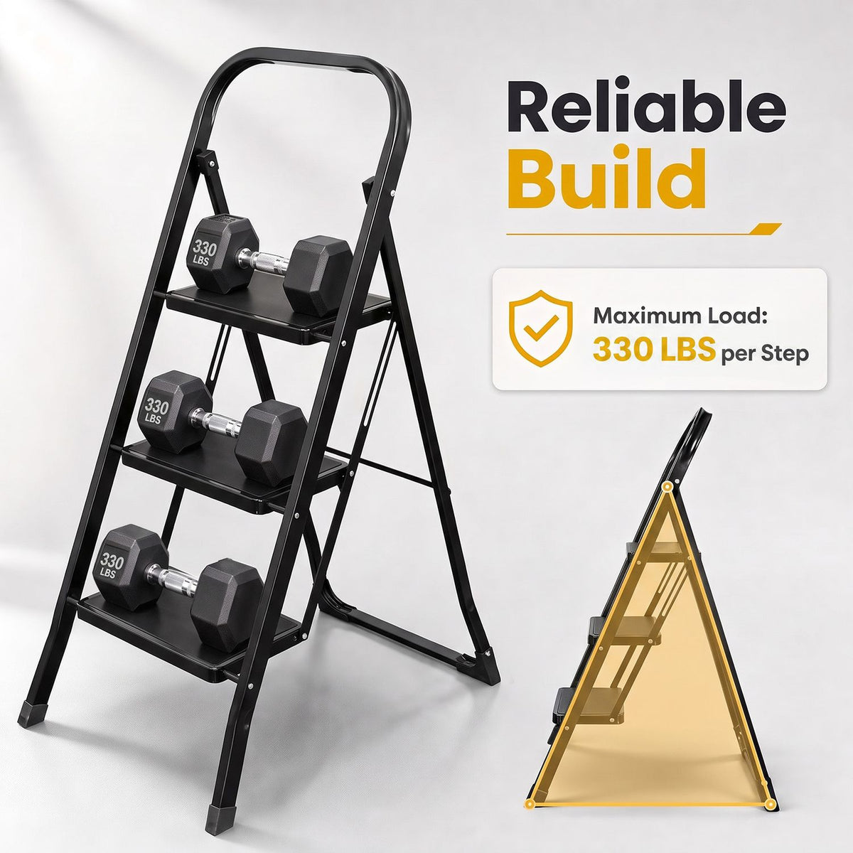 An open black step ladder is shown with weights resting on its three steps and a folded side view.