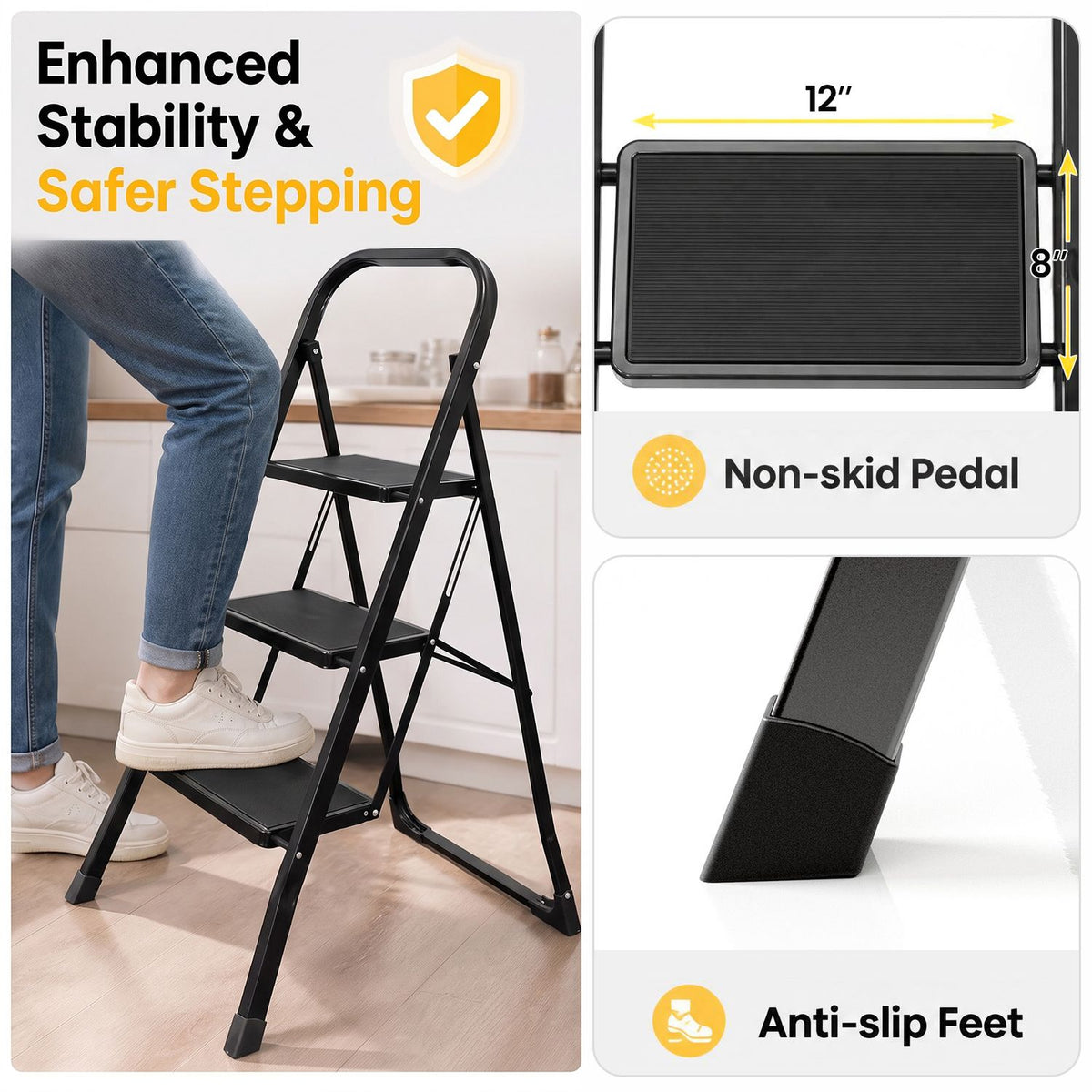 A person steps onto the open ladder beside close-ups of a ribbed step and a capped ladder foot.