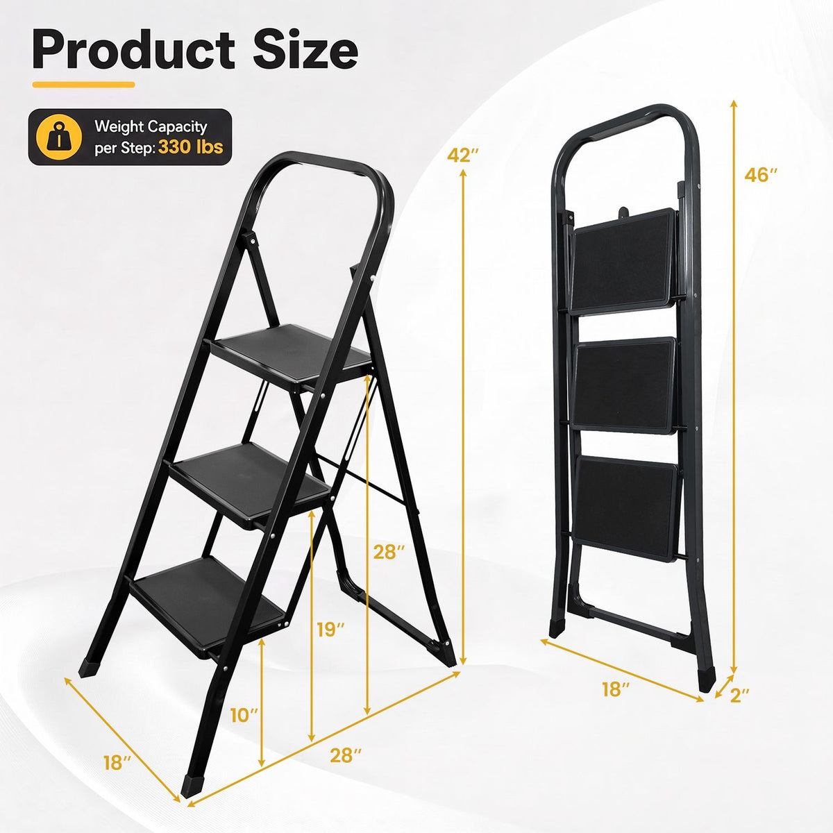 The ladder is shown open and folded with measurement arrows around both views.