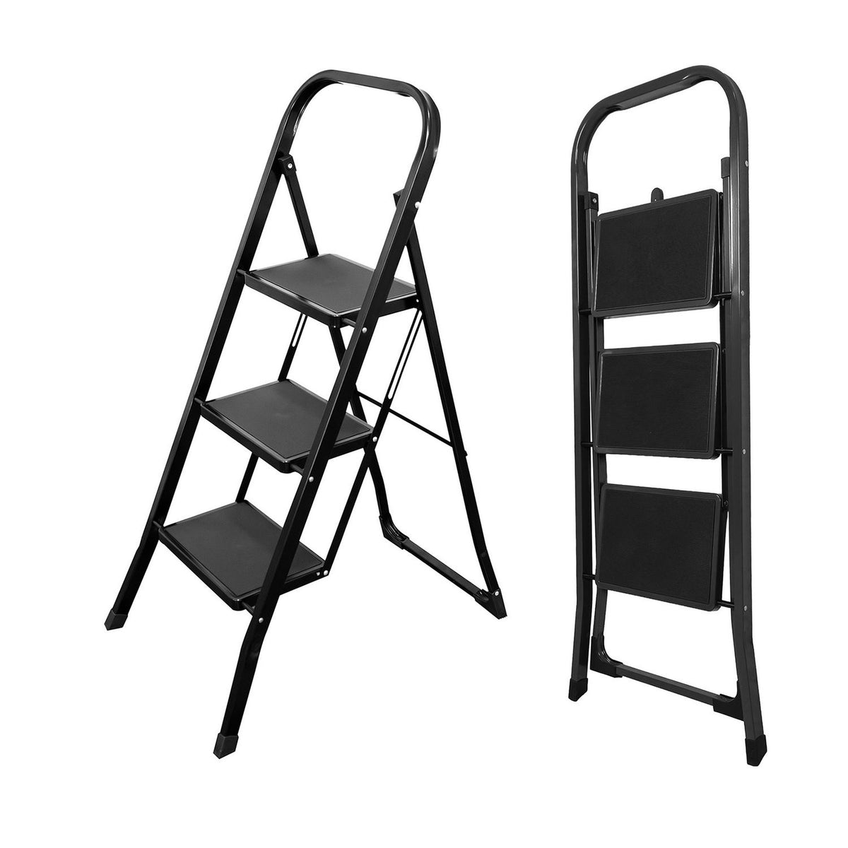 The black ladder is shown open with three steps and folded upright from the back.
