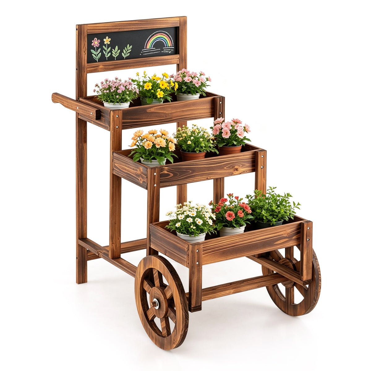 A tiered wooden cart holds potted flowers, with colorful drawings on its upper back panel.