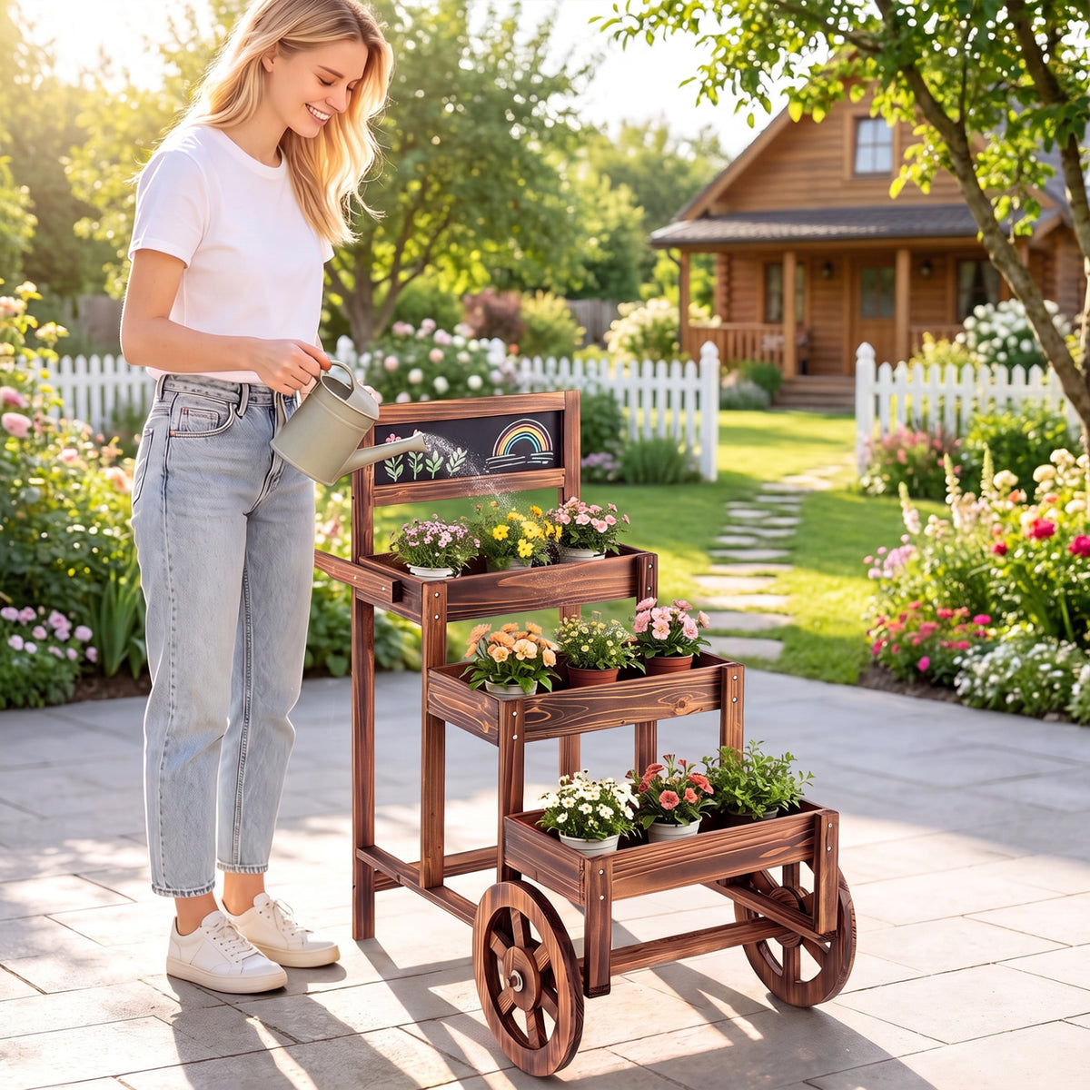 A woman waters potted flowers on a tiered wooden cart in a sunny garden.
