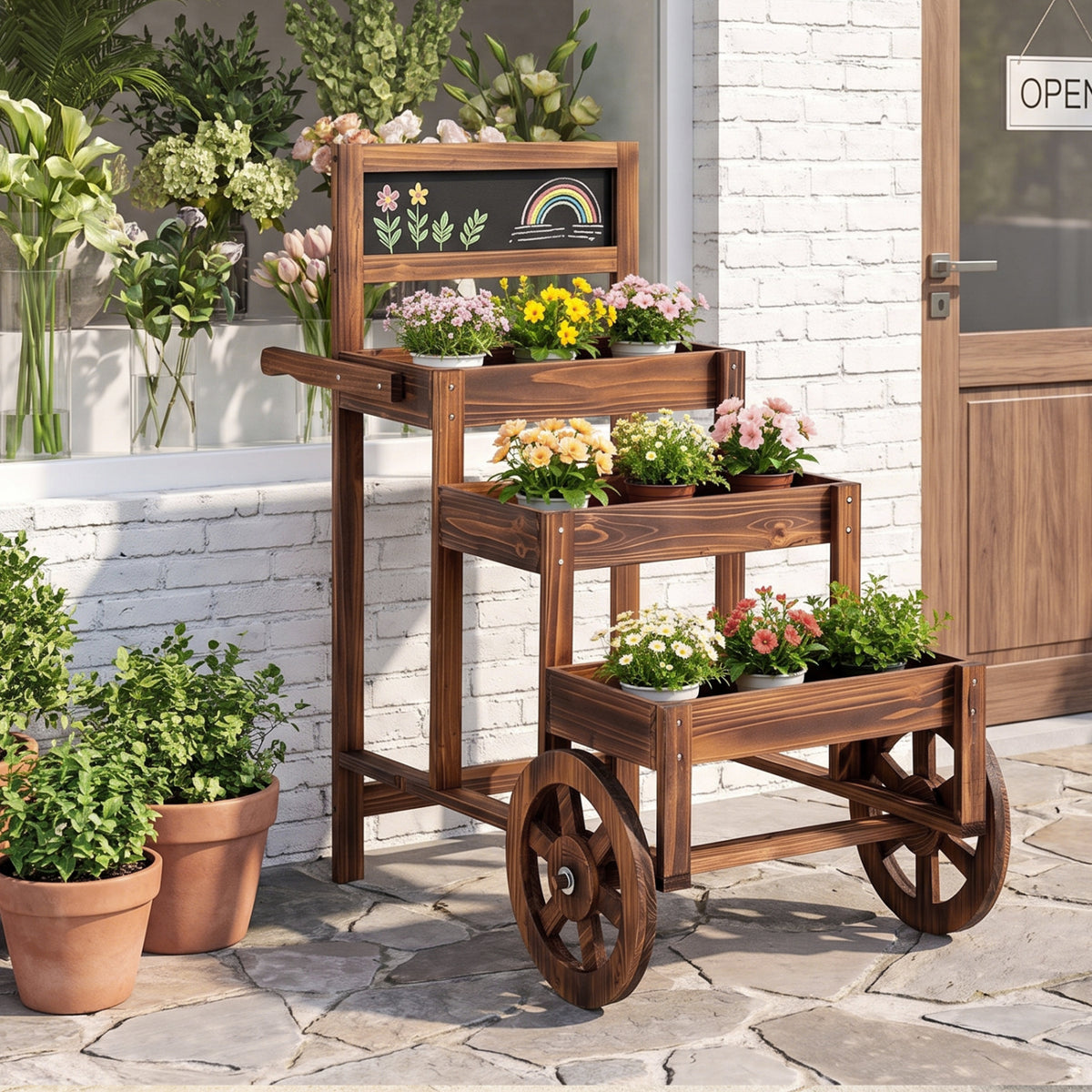 A flower-filled wooden display cart stands on a stone patio beside a shop entrance.