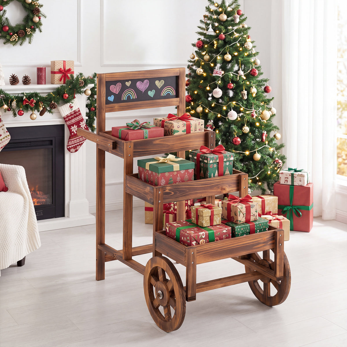 Three-tier wooden cart displays wrapped gifts beside a decorated Christmas tree.
