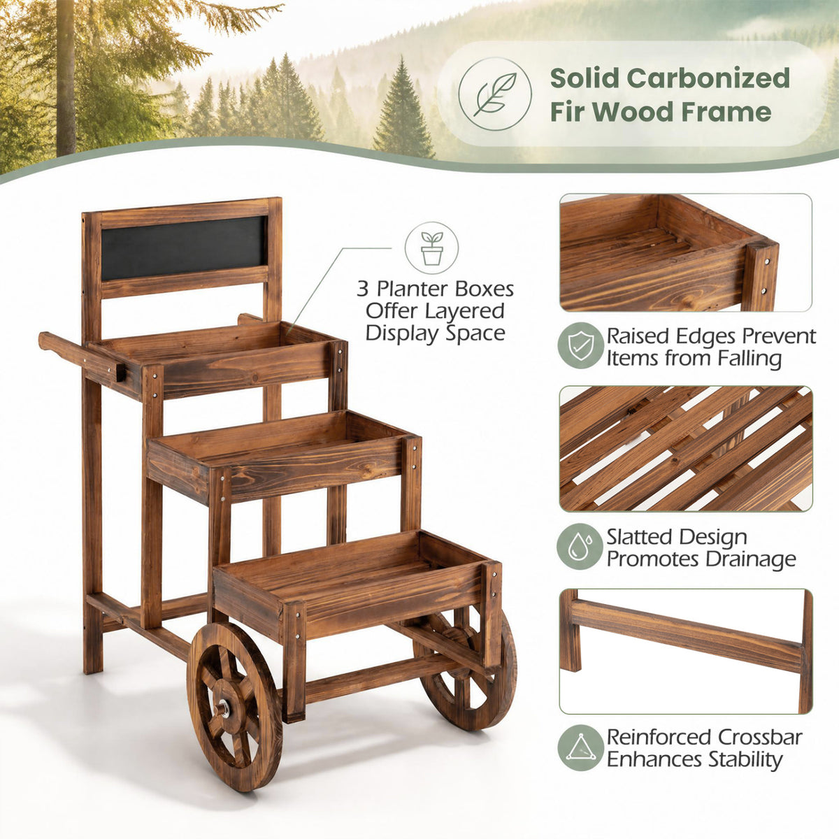 Wooden display cart pictured with close-ups of its raised tray edges, slats, and crossbar.