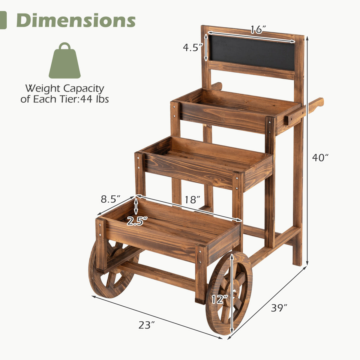 Brown wooden three-tier display cart with wheels shown alongside dimension arrows.