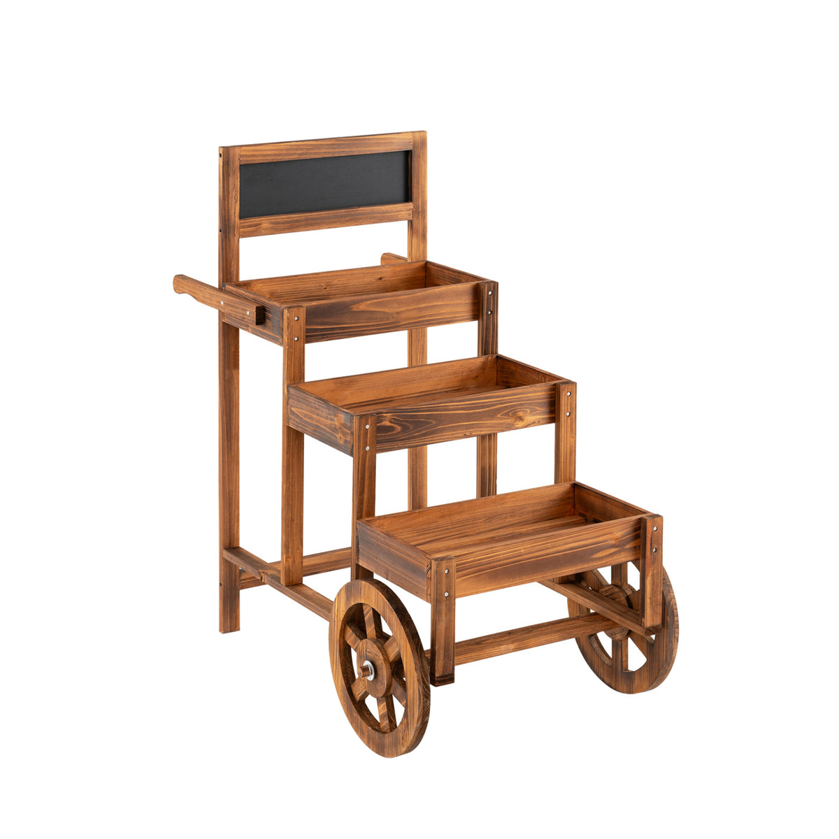 An empty tiered wooden cart with a dark panel on its upper back.