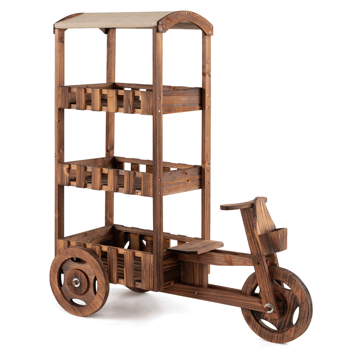 Unplanted brown three-tier tricycle plant stand shown against a white background