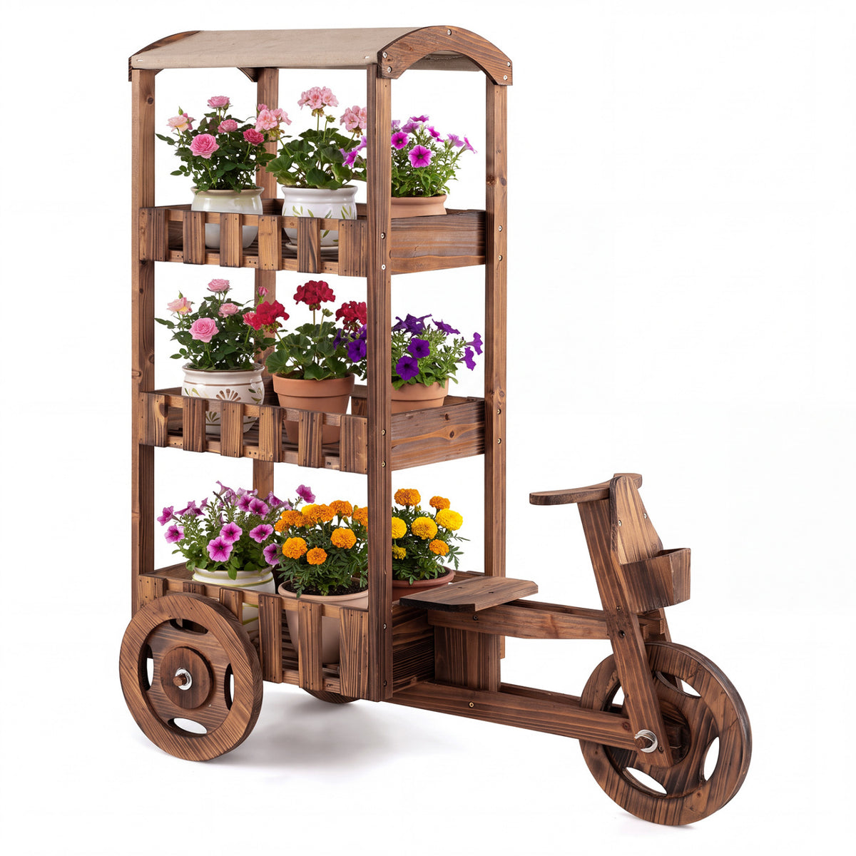 Brown three-tier tricycle plant stand filled with colorful potted flowers on white