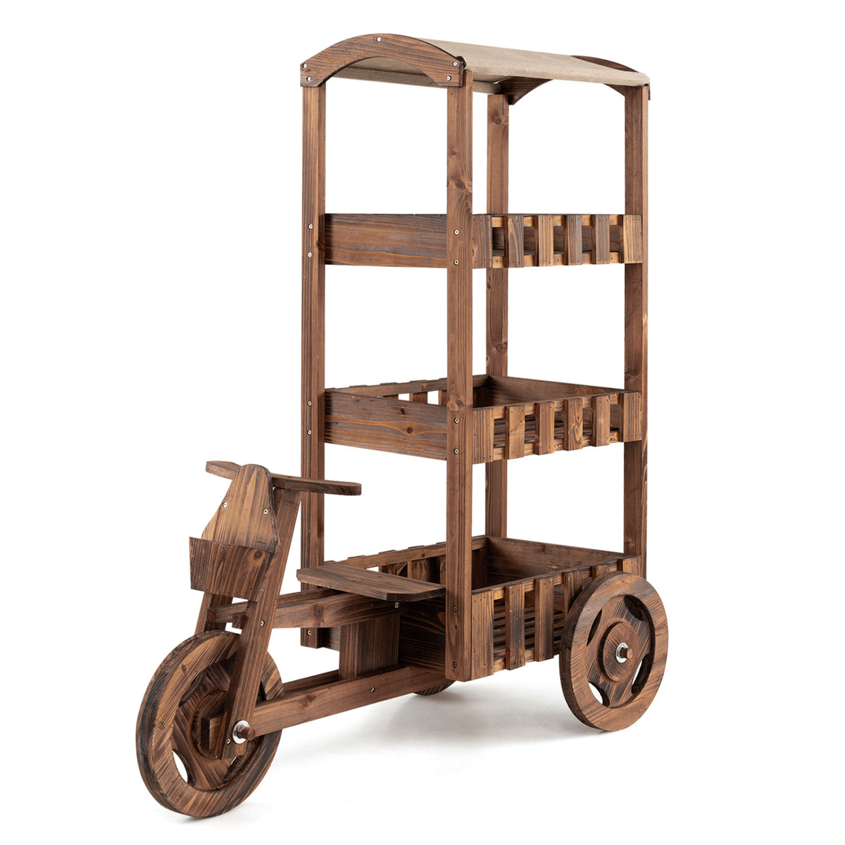 Brown wooden three-tier plant stand styled as a wheeled garden cart, shown alone against a white background.