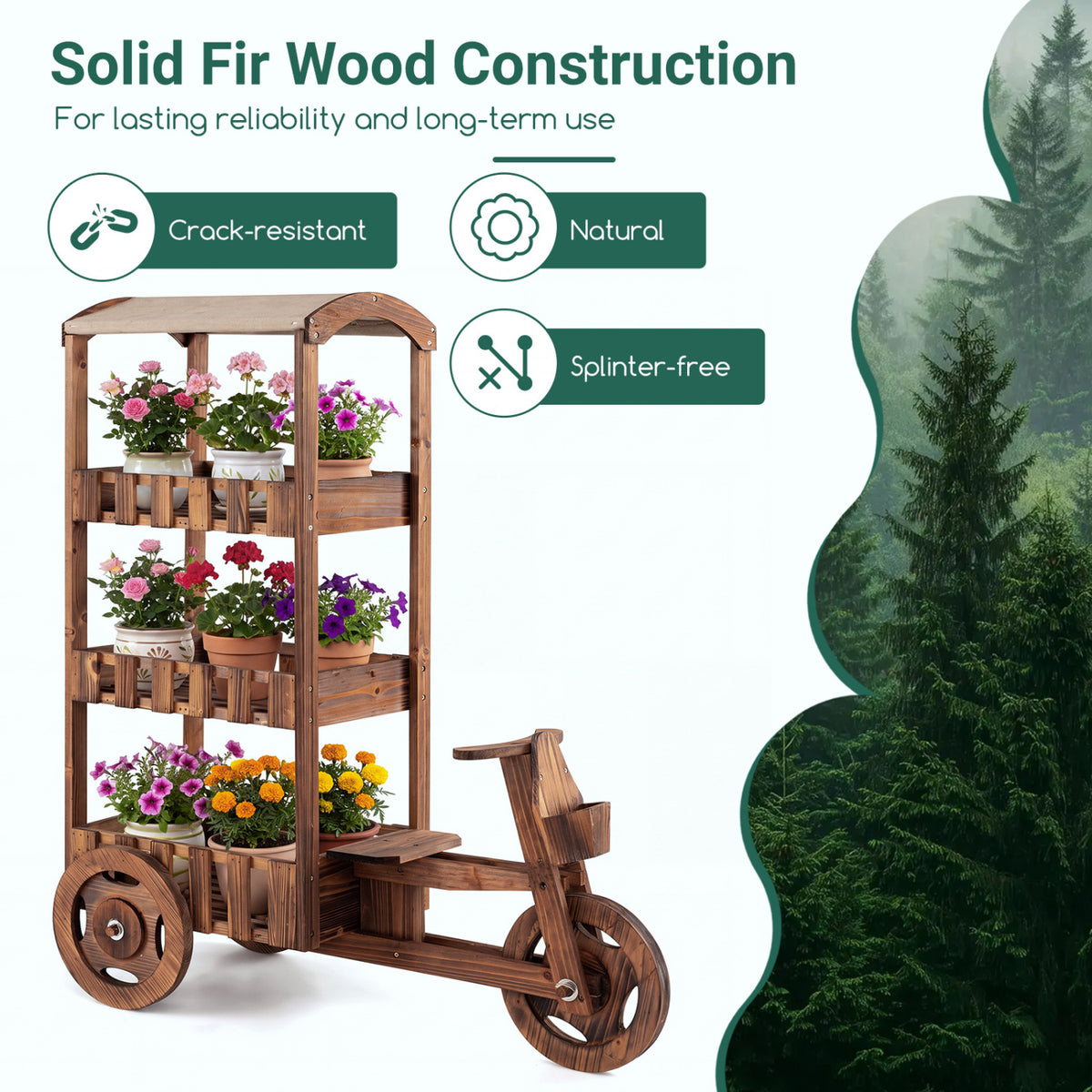 Wooden wheeled plant stand filled with colorful flowers beside green feature callouts and a tree background.