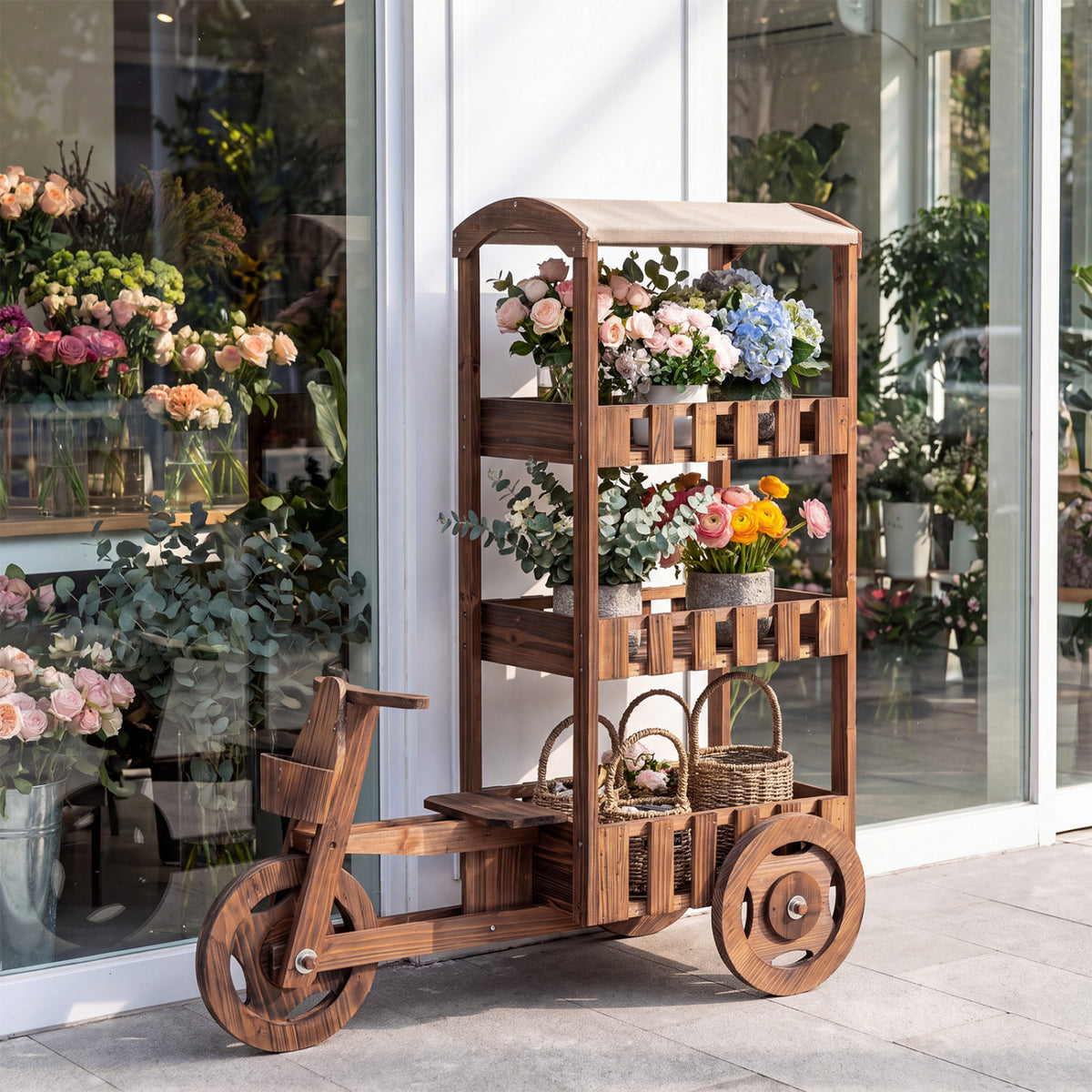 Brown three-tier tricycle plant stand filled with flowers beside glass storefront windows