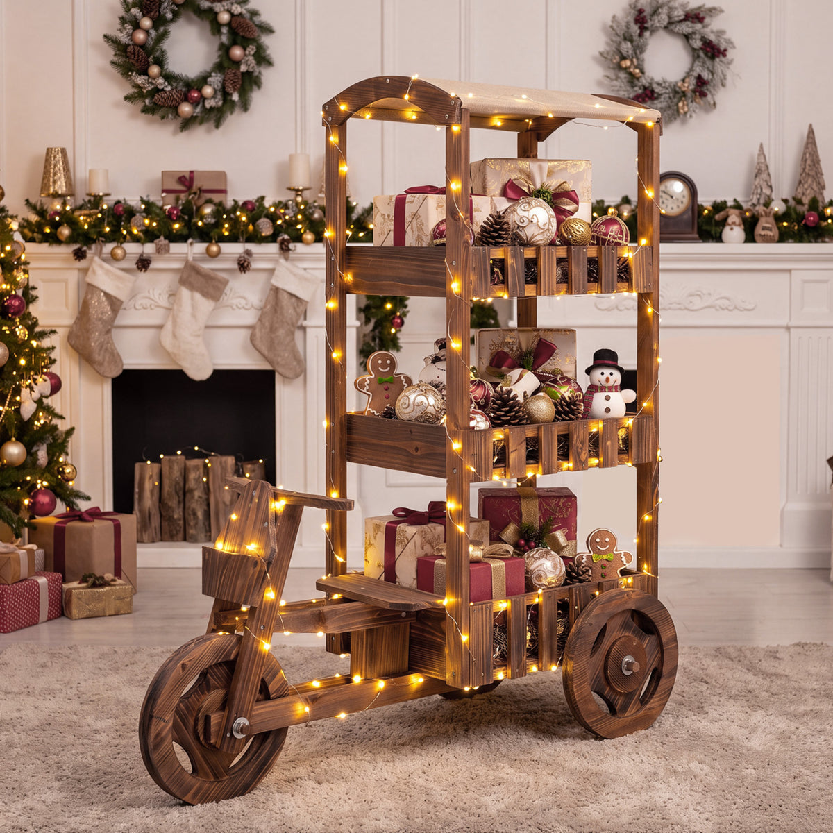 Brown tricycle plant stand decorated with lights and holiday ornaments indoors