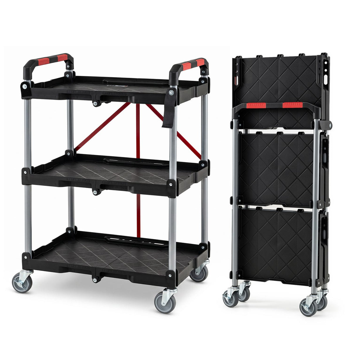 Black three-tier utility cart shown open and folded against a white background