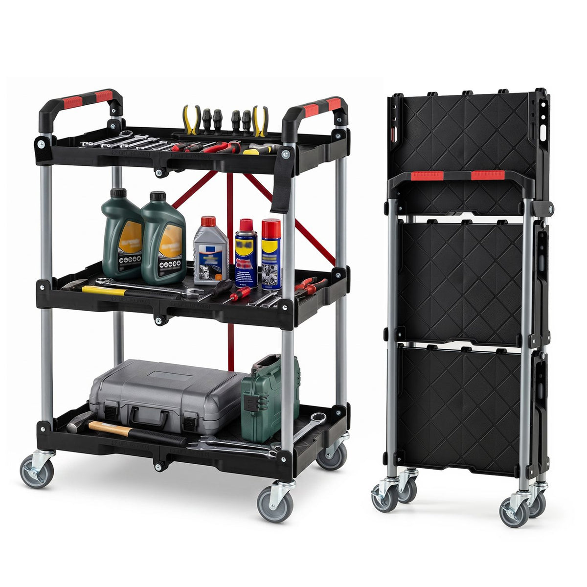 Black utility cart with tools and supplies on its shelves beside its folded form