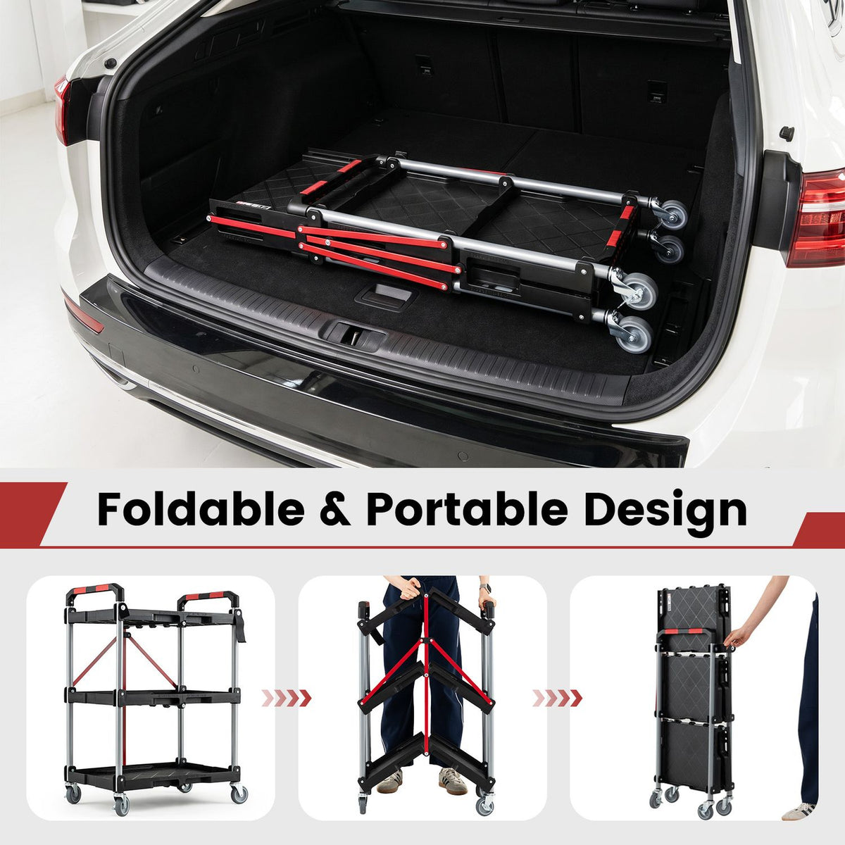 Folded black utility cart in a car trunk with a graphic showing folding steps