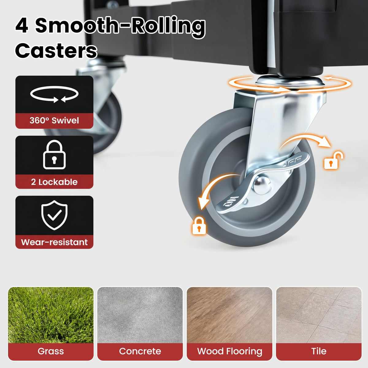 Close-up of a gray swivel caster and brake on the black utility cart, with flooring samples below.