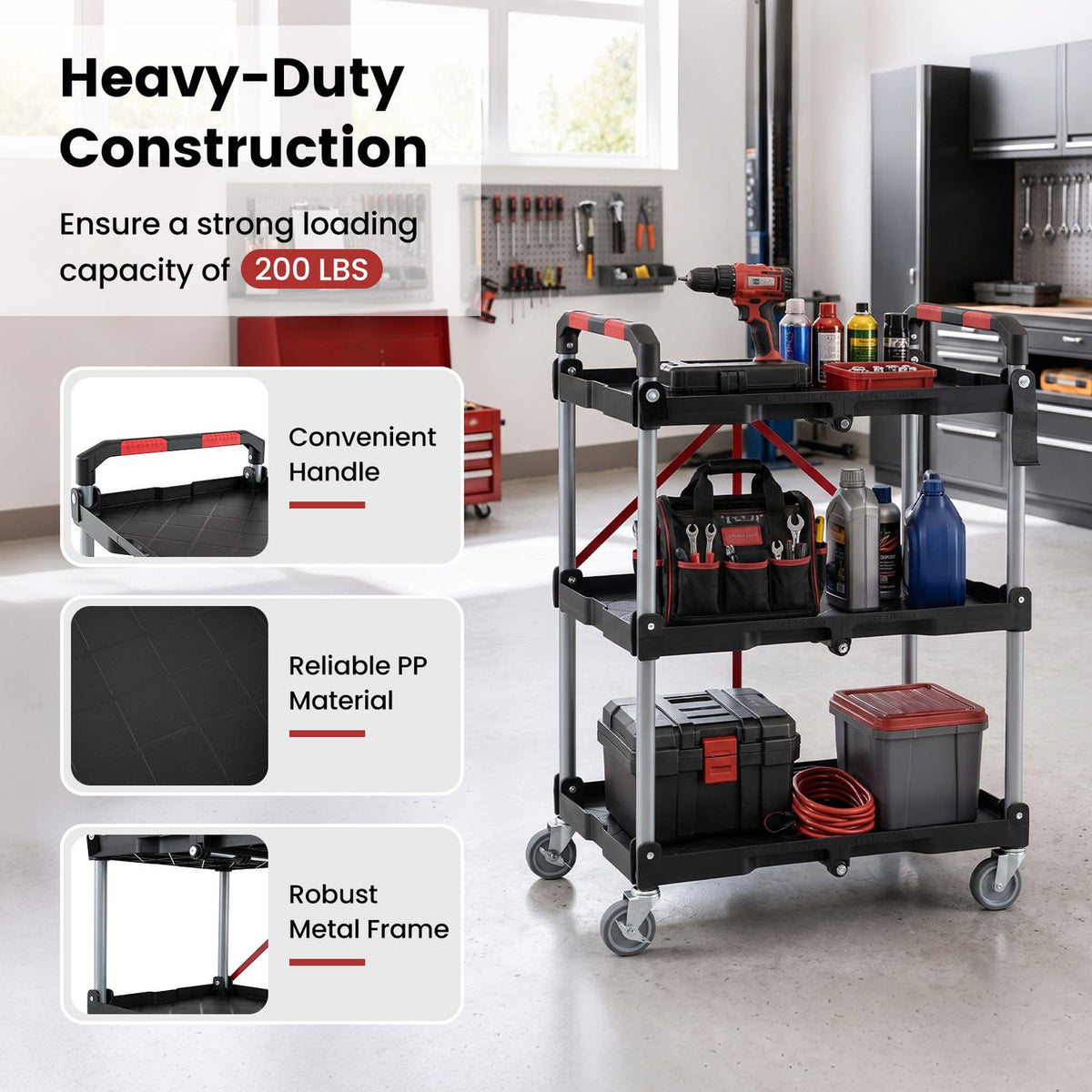 Black three-tier utility cart loaded with tools and supplies in a workshop.