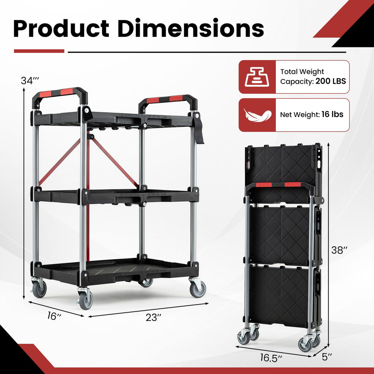 Dimension graphic showing the black cart open and folded with measurements