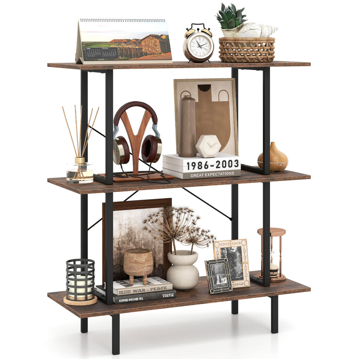 Rustic brown open-shelf bookcase with black metal supports, displayed with decor against a white background.