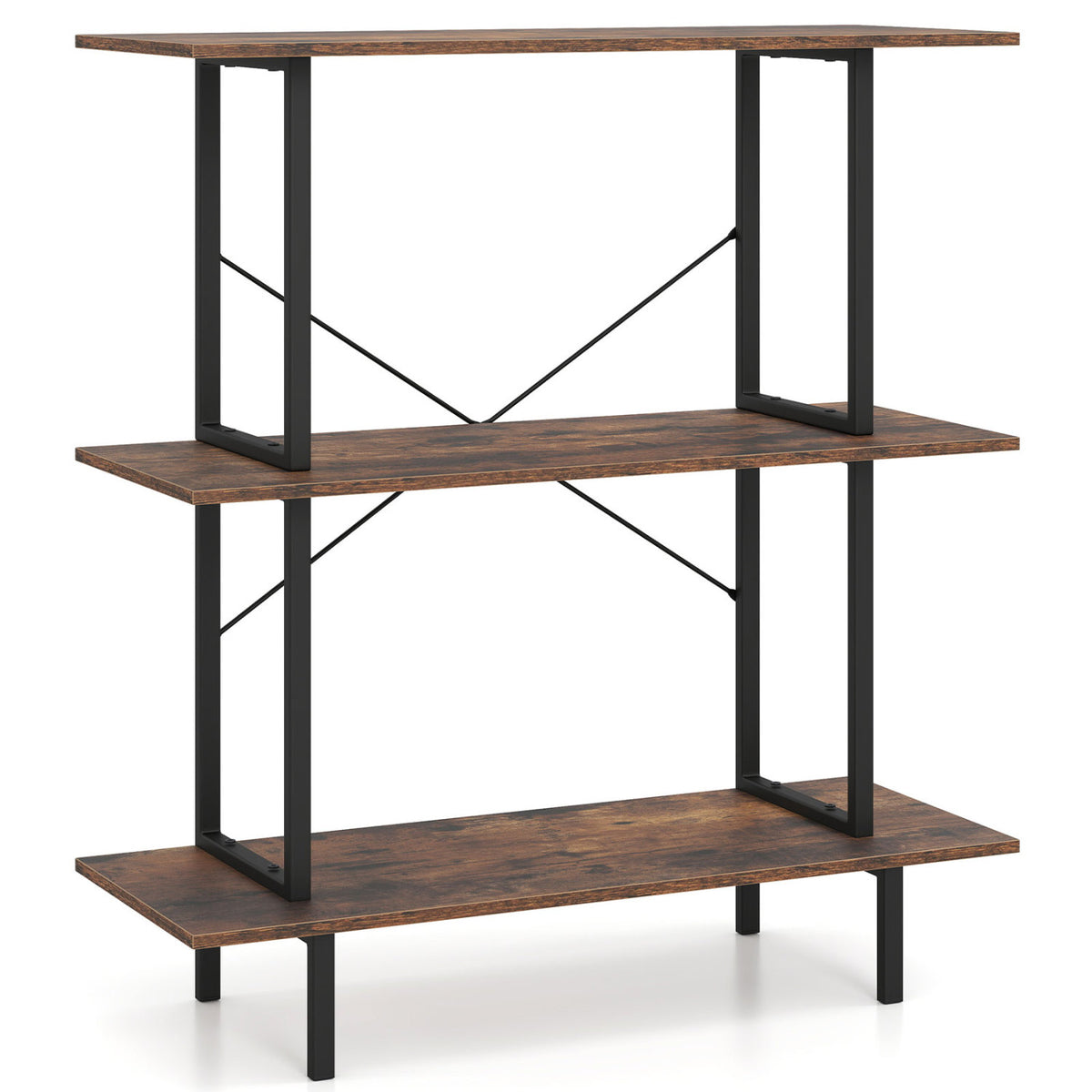Unstyled view of a three-tier bookshelf with rustic brown shelves, black metal supports, and diagonal braces.