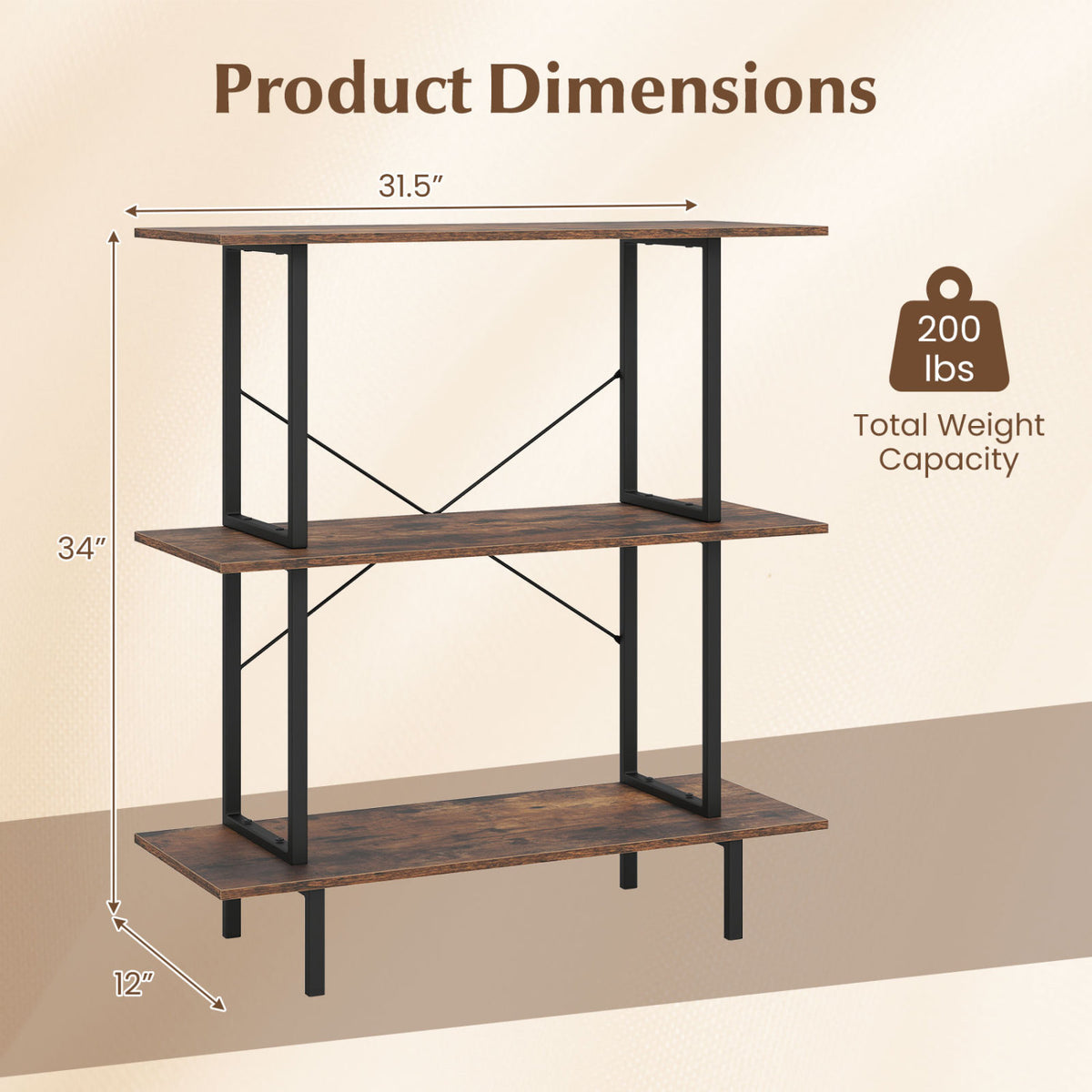 Rustic brown three-tier bookshelf with a black metal frame shown against a plain background.