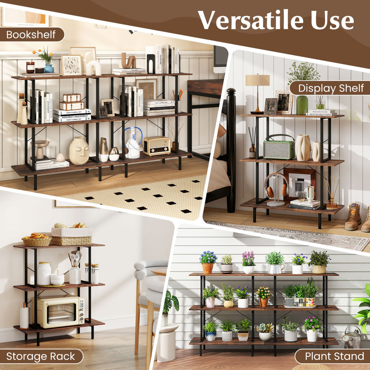 Collage showing the open-shelf unit styled as a bookshelf, display shelf, storage rack, and plant stand.