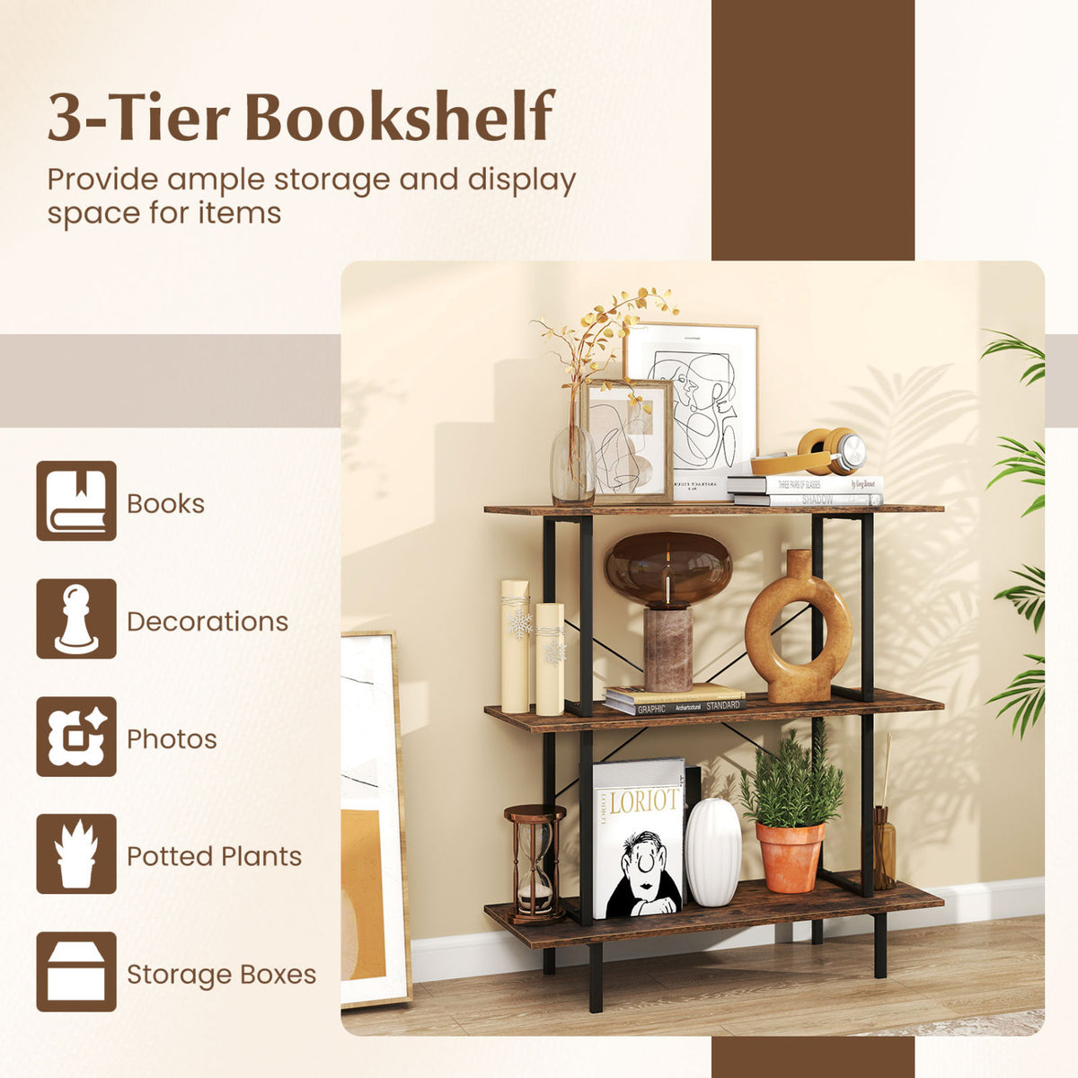 Three-tier bookshelf displaying books, framed art, decorative objects, and a potted plant.