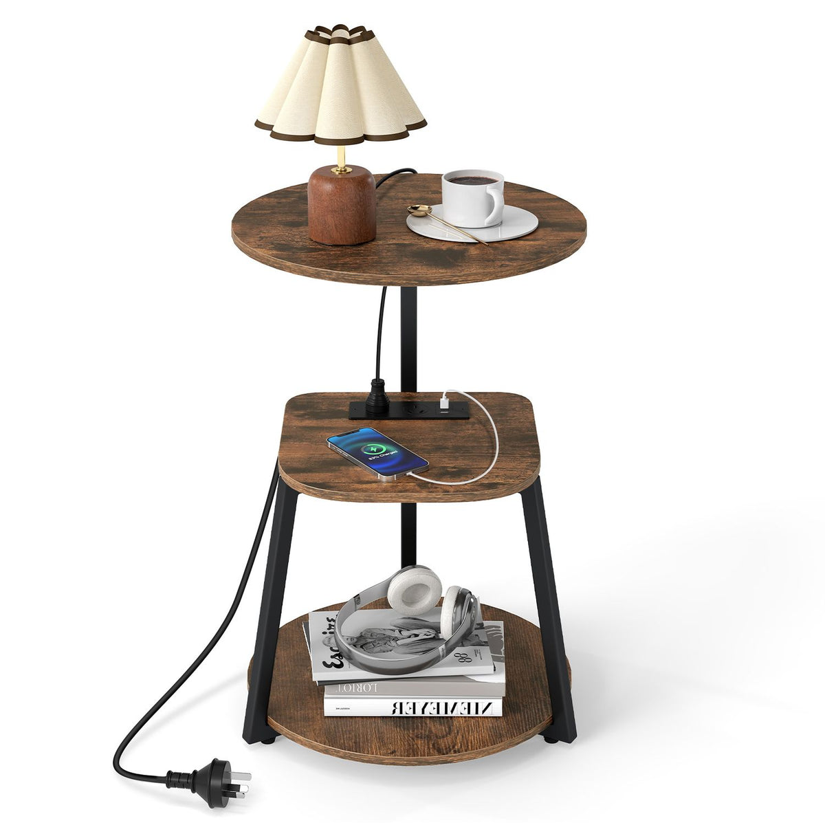 Front view of a rustic brown and black three-tier end table
