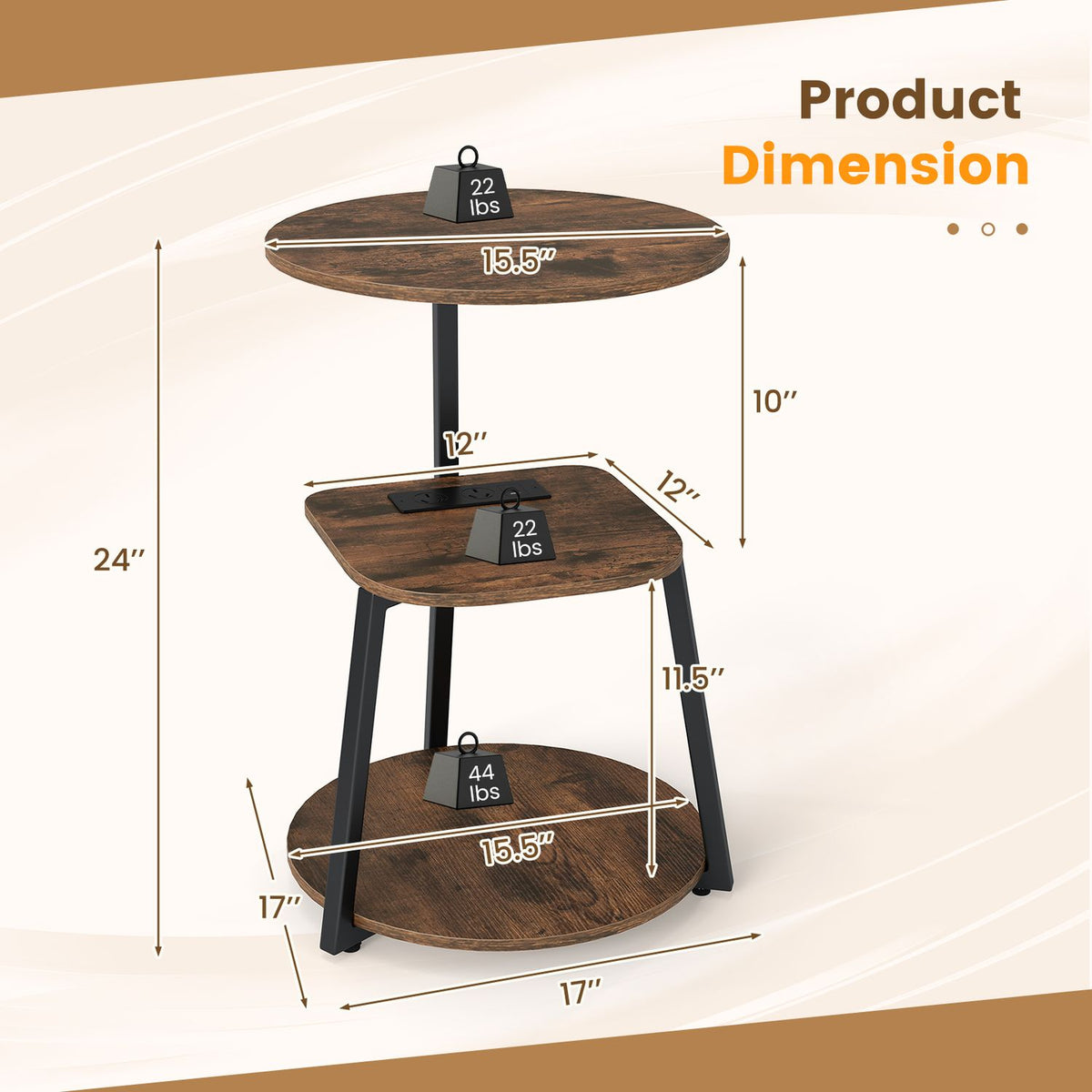 Dimension graphic showing the three-tier round table and shelf sizes