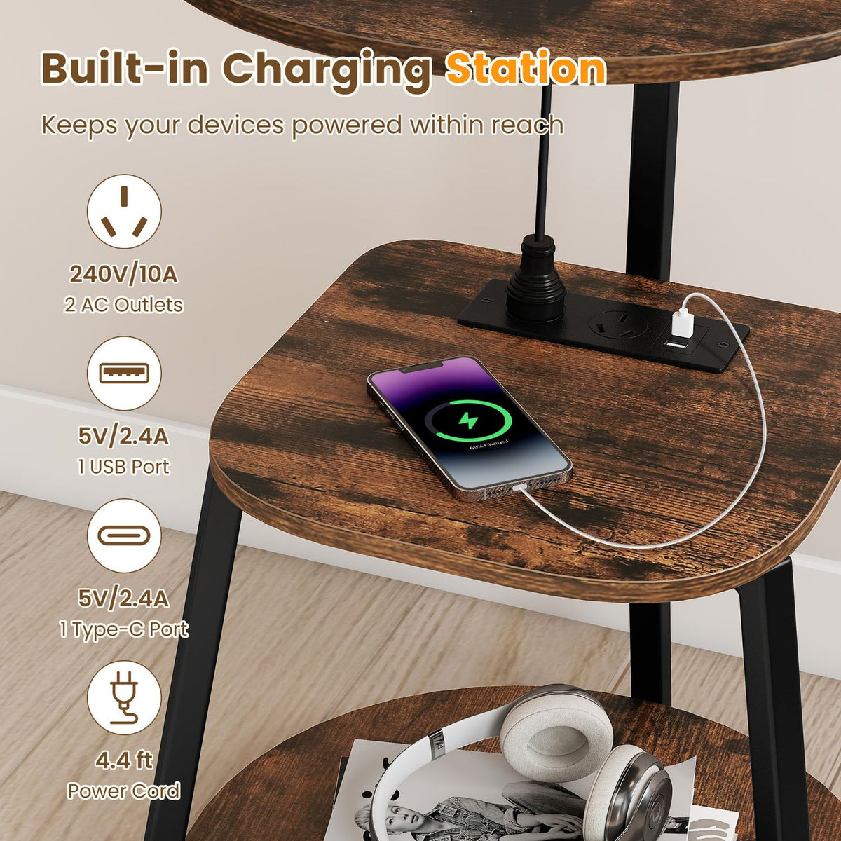 Close-up of the table's charging station and middle shelf