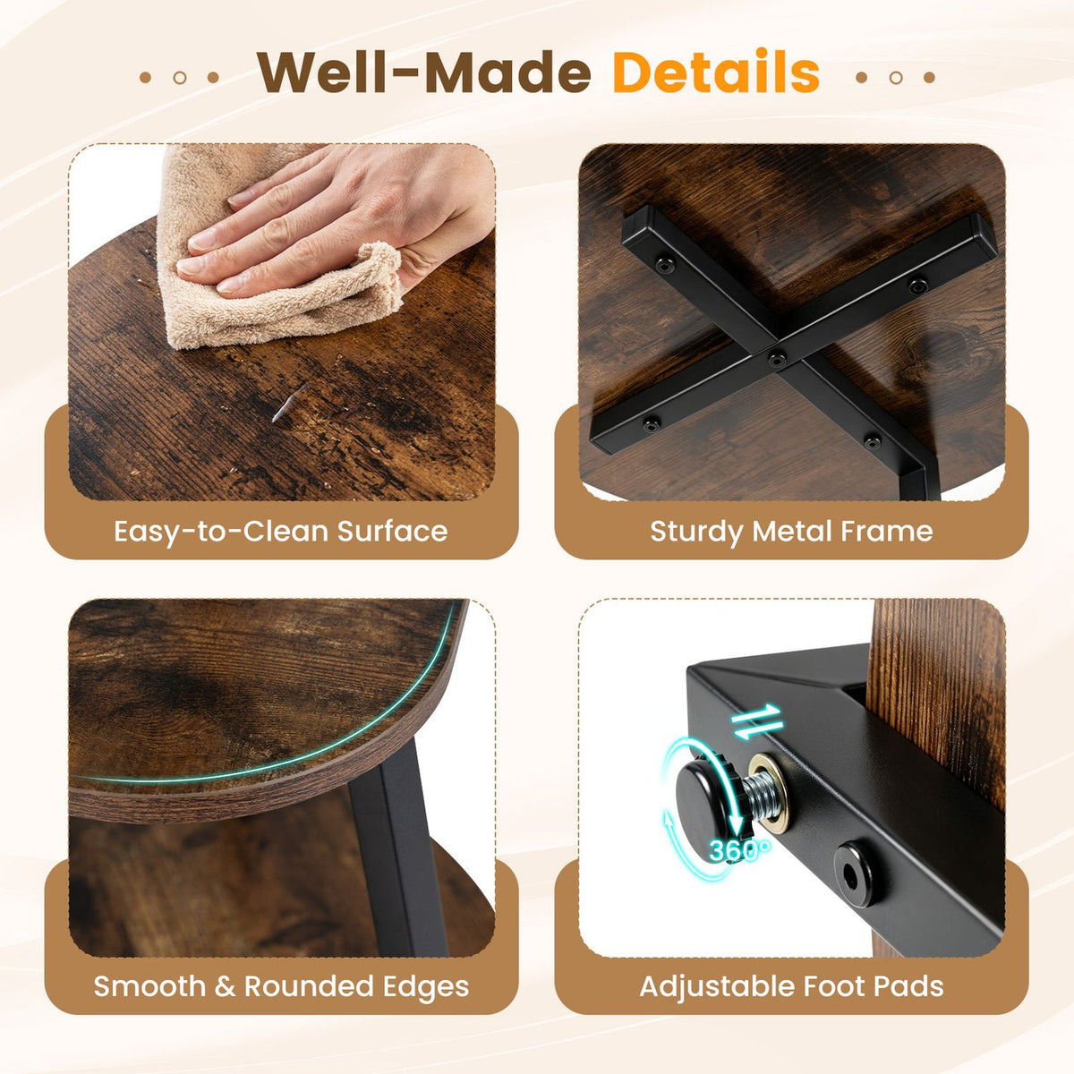 Four close-ups show a cloth wiping the tabletop, metal supports underneath, a rounded edge, and an adjustable foot pad.