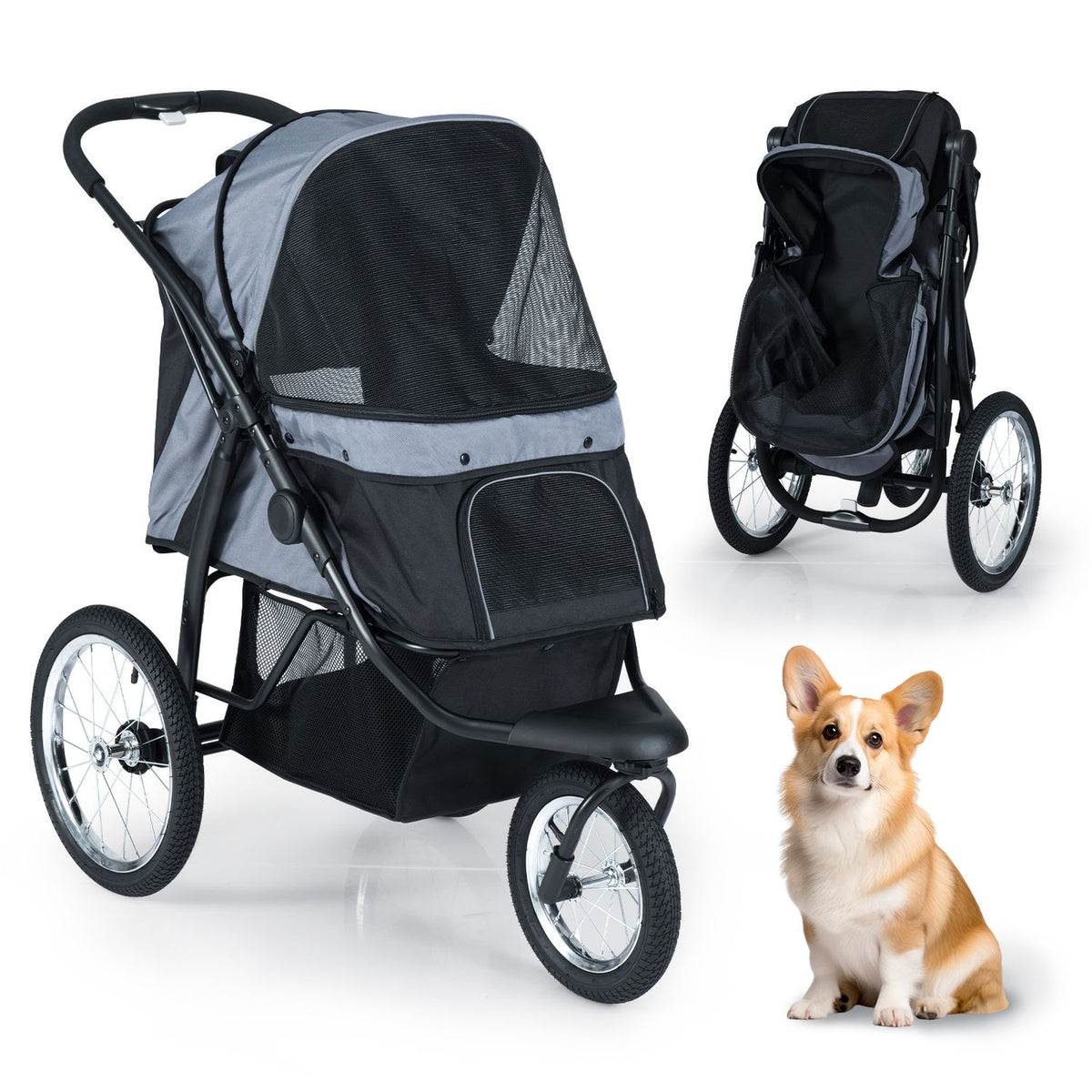 A gray and black pet stroller is shown open and folded beside a small sitting dog.