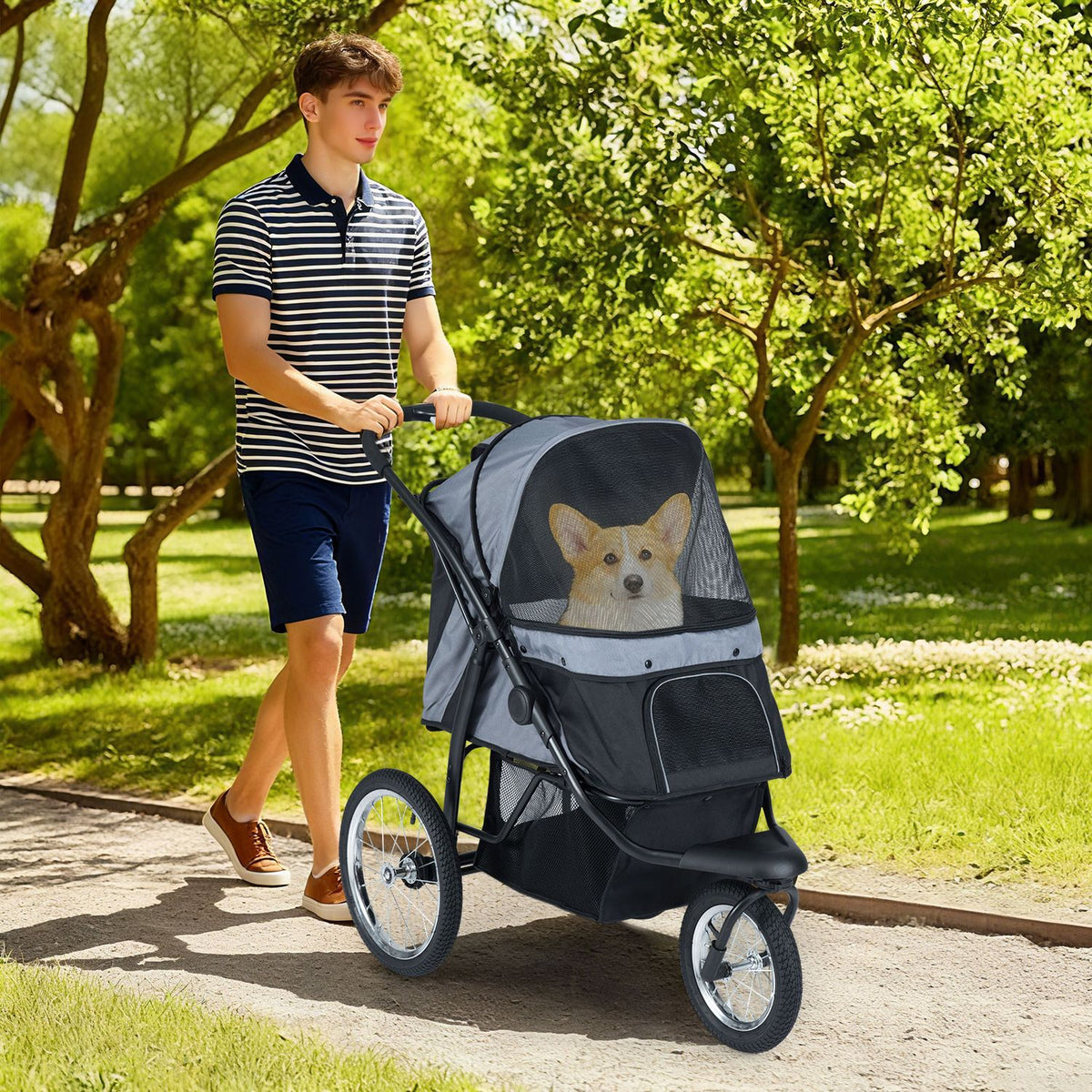 A person walks a small dog in a gray and black three-wheel stroller along a sunny park path.