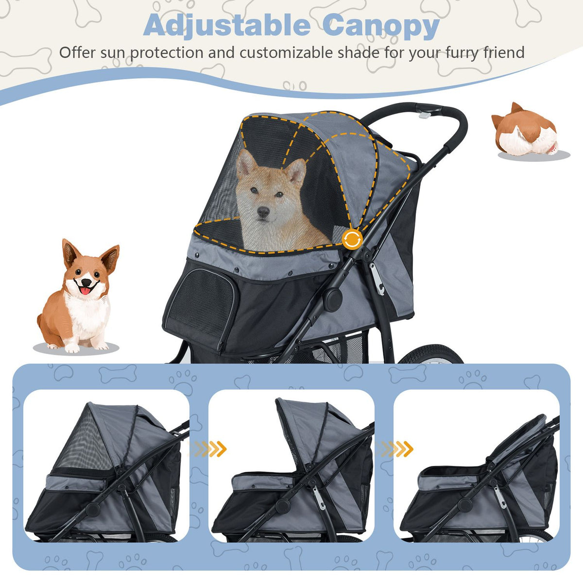 Gray and black pet stroller with a dog inside, shown with three canopy positions in side-view insets.