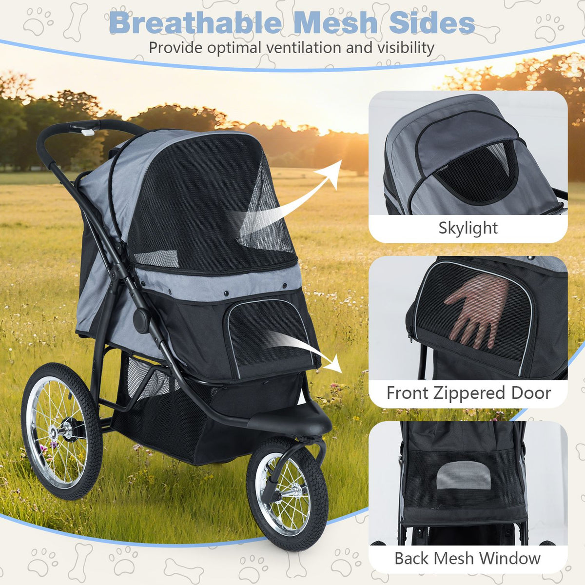 Gray and black pet stroller on grass, with close-ups of its mesh skylight, front door, and rear window.