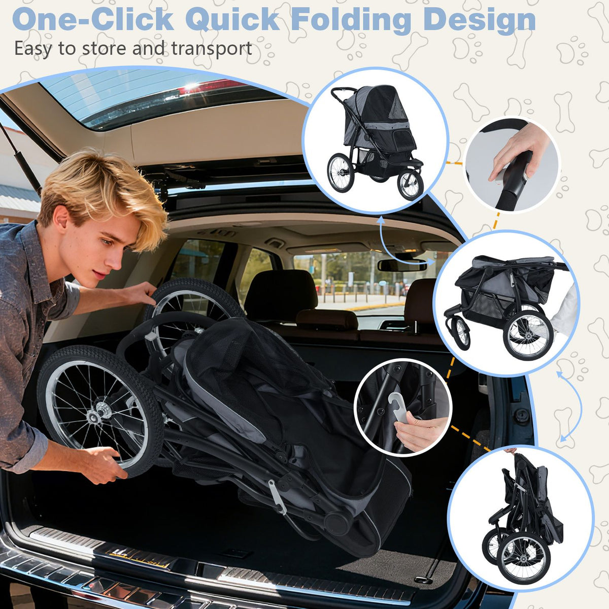 A person loads the folded stroller into a car, with circular insets showing it standing open and folded.
